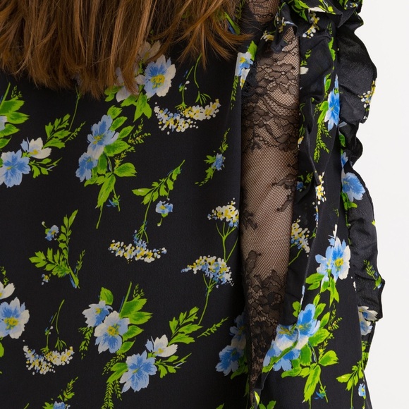 SANDRO Silk Lace Insets Ruffle Black Green Floral Mini Shift Victorian Dress - Picture 2 of 12